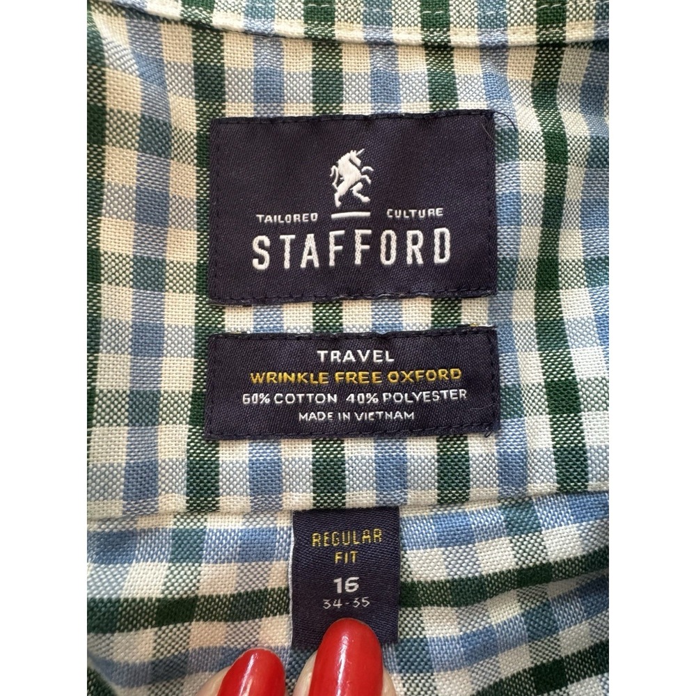 Stafford Mens 2XL Oxford Dress Shirt Button Up Cotton Green Blue Gingham Plaid - Picture 5 of 16